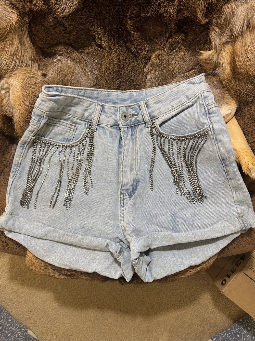SHEIN Light Blue Denim Shorts with Silver Rhinestone Fringe